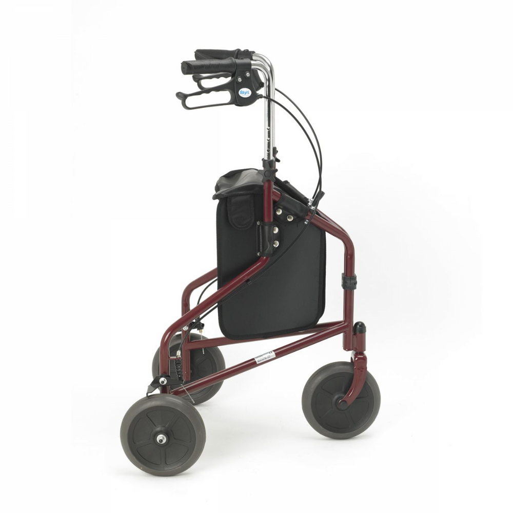 shows the side view of the Days Steel Tri Wheel Walker in red