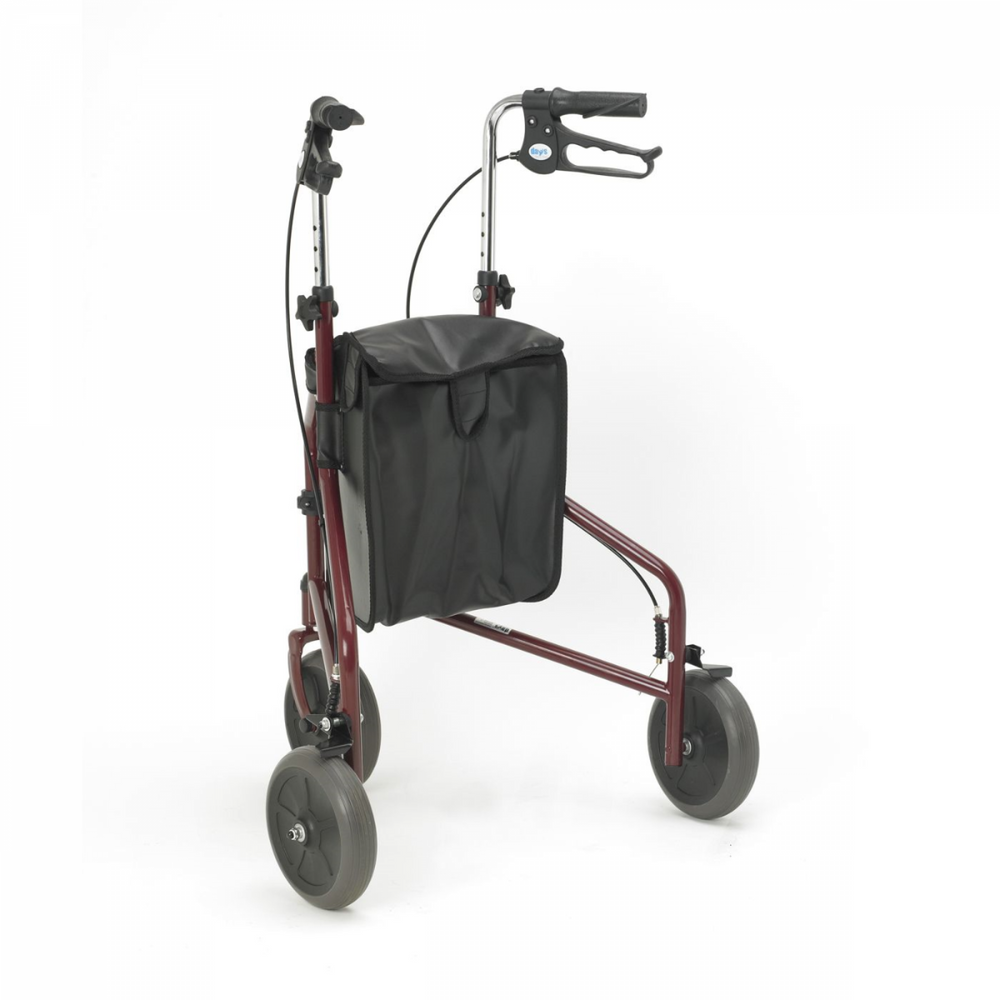 The image shows the back view of the Days Steel Tri Wheel Walker in red and the shopping bag