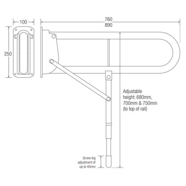 Dimensions: Screw leg adjustment of up to 40mm. Adjustable height: 680mm, 700mm & 750mm (to top of rail)