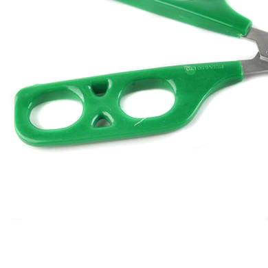 shows a close up of the handle of the dual control training scissors