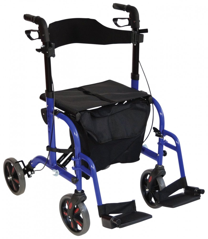 shows the duo deluxe rollator and transit chair in blue