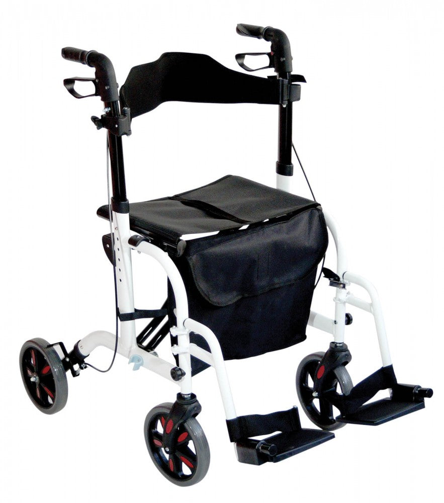 shows the duo deluxe rollator and transit chair in white