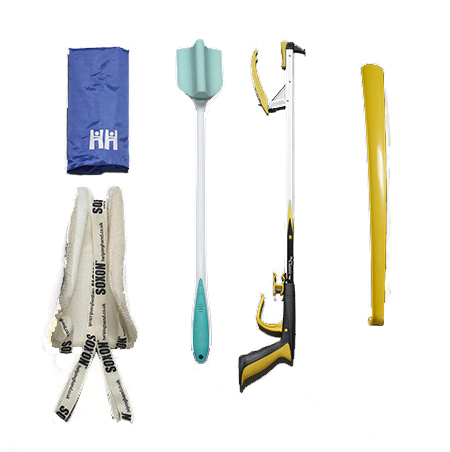the image shows the deluxe hip kit, a classic pro reacher, a soxon, a shoehorn, a comfi grip toe sponge and the carry bag