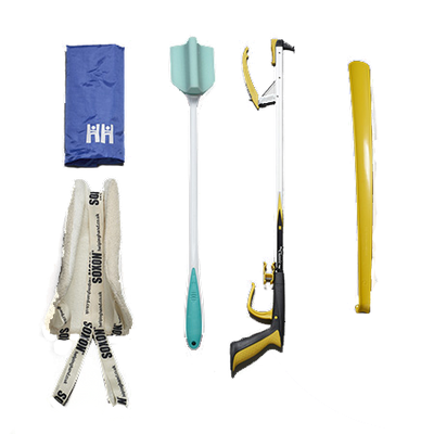the image shows the deluxe hip kit, a classic pro reacher, a soxon, a shoehorn, a comfi grip toe sponge and the carry bag