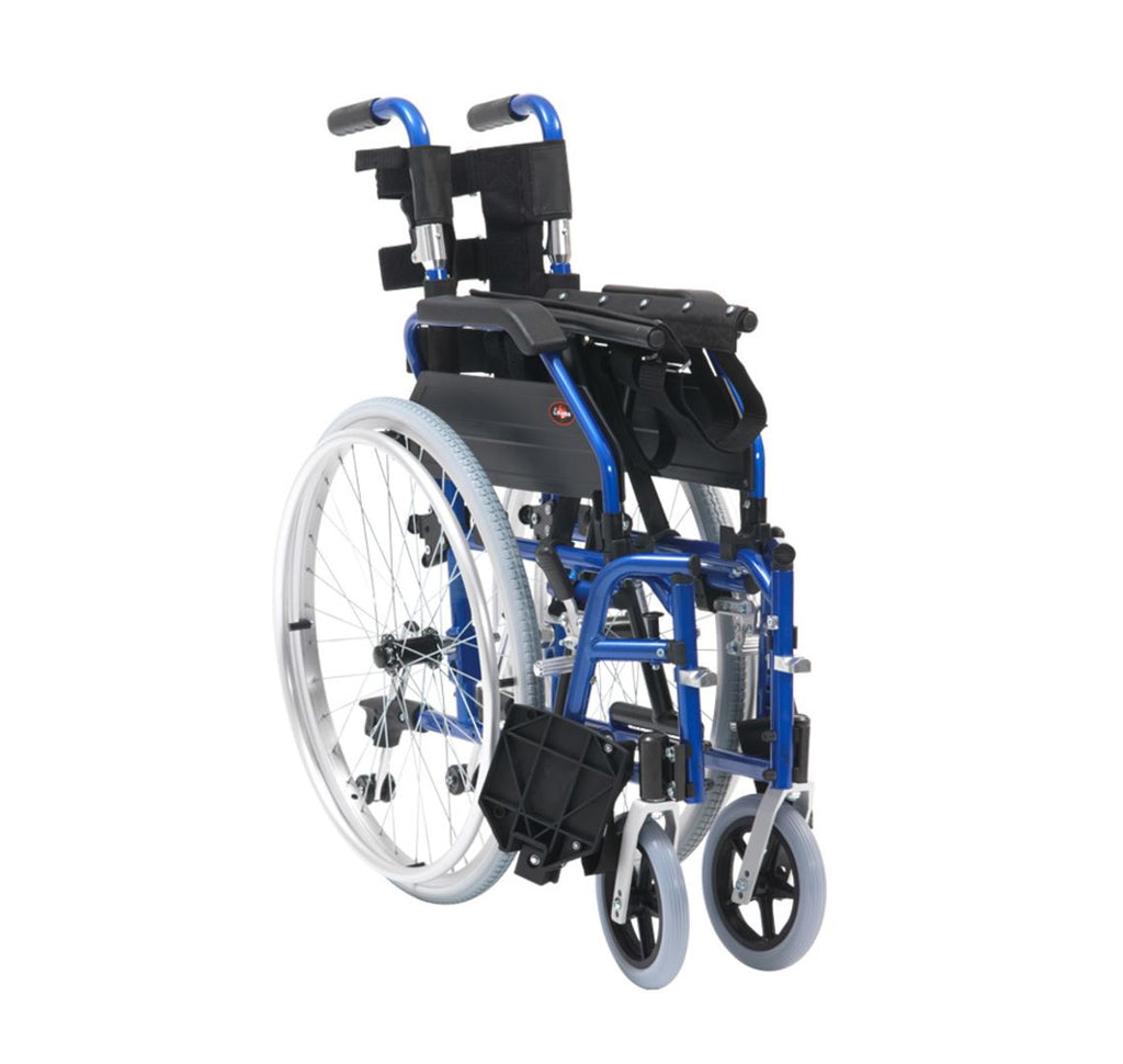 A folded up Blue XS Aluminium Wheelchair