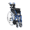 A folded up Blue XS Aluminium Wheelchair