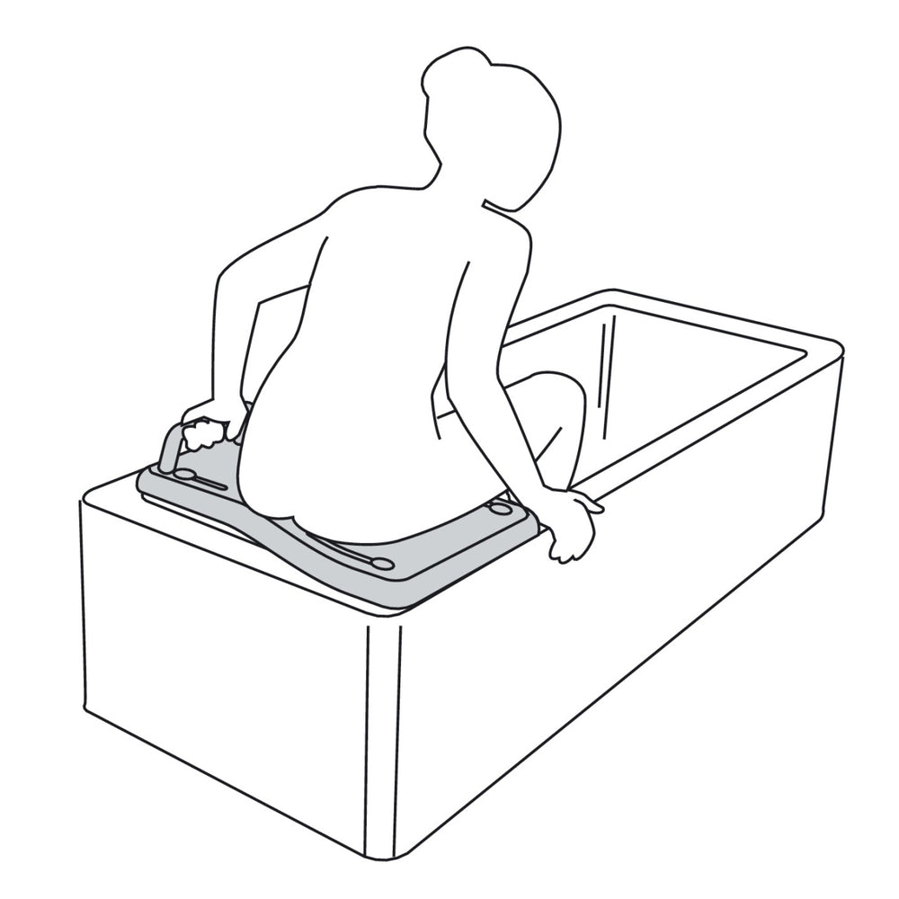 The image is the first of three showing how to use the Etac Fresh Bath Board With Handle