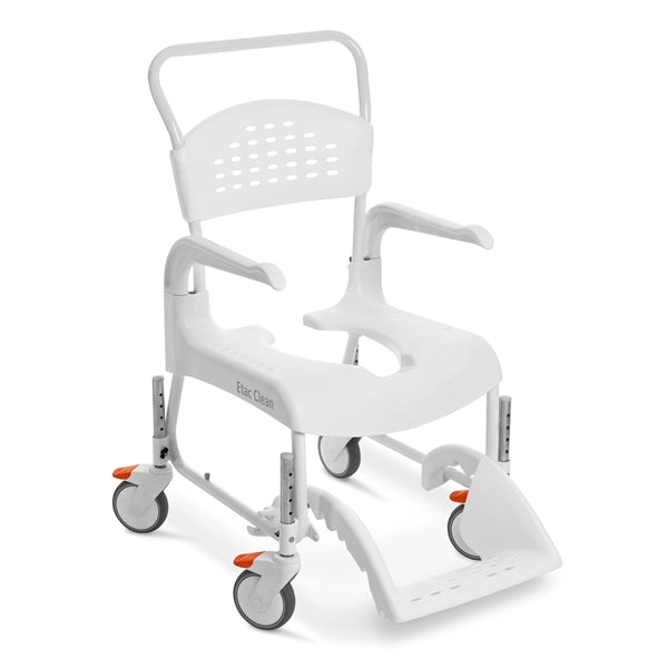 The image shows the Etac Clean Height Adjustable Shower Commode Chair