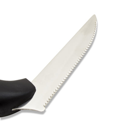 The image shows a close up of the serrated blade on an Etac Relive Angled Knive.