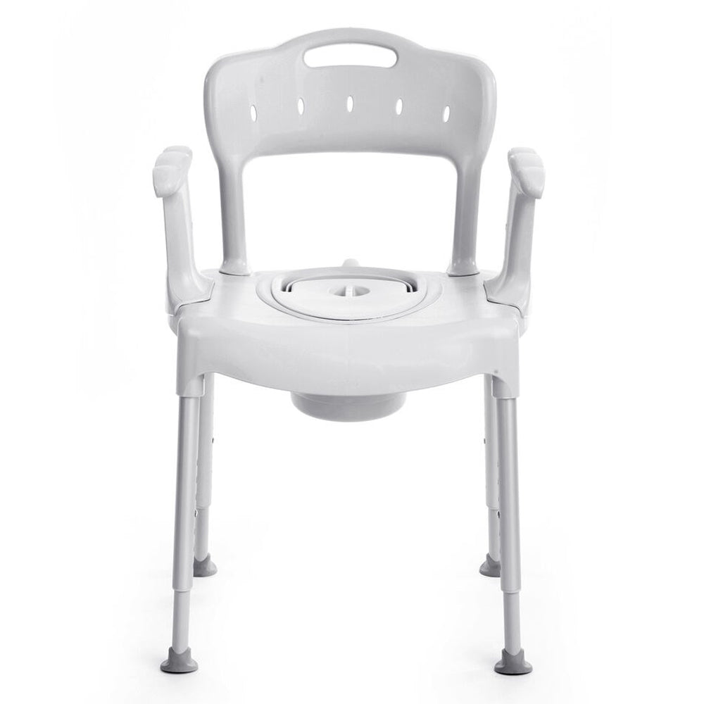 the image shows a front view of the etac swift commode chair with the cover off