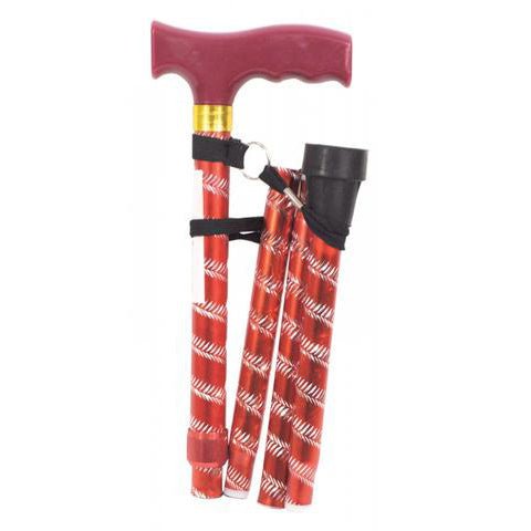 shows the red extendable walking stick with engraved pattern