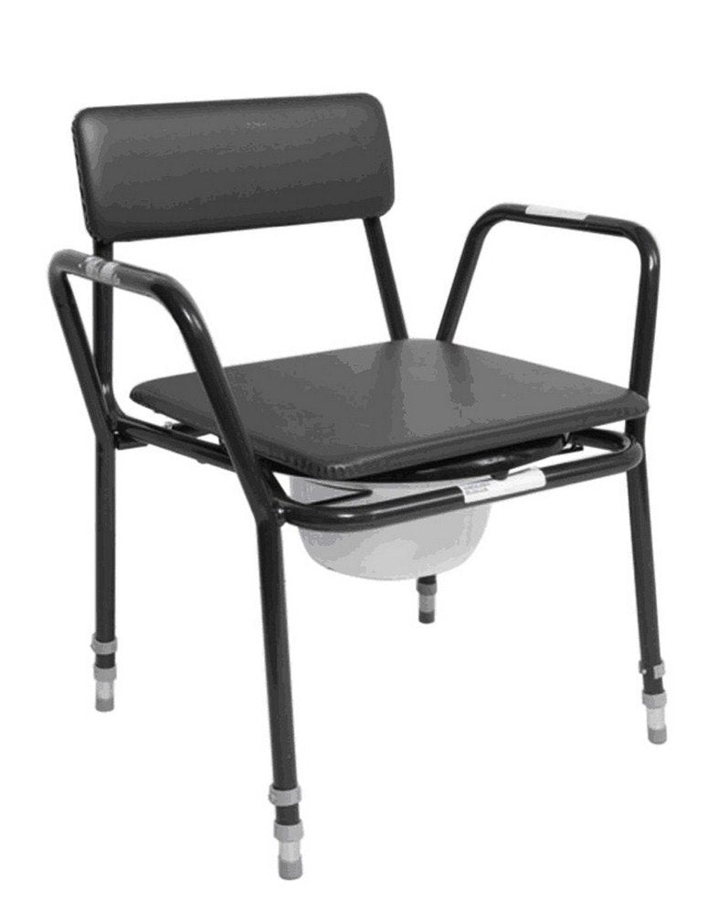 the image shows the extra low adjustable height commode chair