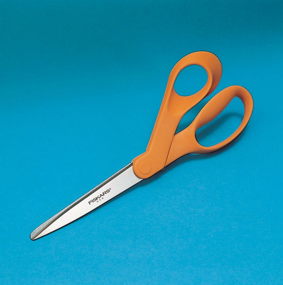 shows a pair of orange fiskars scissors