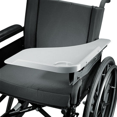 shows the grey version of the Wheelchair Flip Away Half Lap Tray