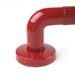 a close up of the curved end of the red fluted plastic grab rail