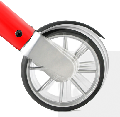 shows a close up of the wheel on a red lets fly rollator