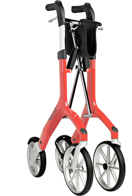 shows a folded up lets fly rollator in red