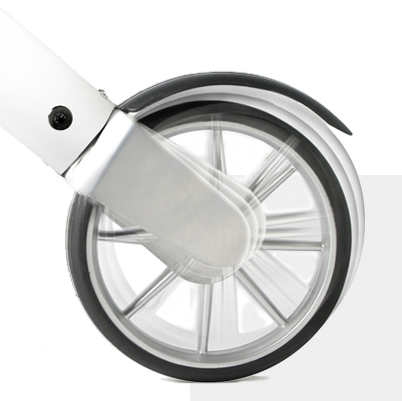shows the front wheel of the lets fly rollator in white