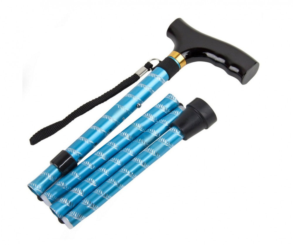 The image shows the folding cane with strap in 'blue twist'