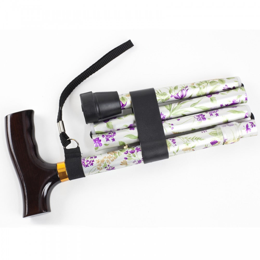 the image shows the woodland flowers folding walking stick