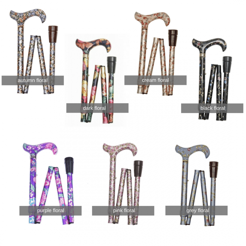 the image shows the seven different designs of the folding elit adjustable height patterned walking sticks
