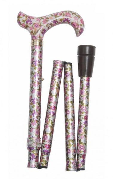 the image shows the purple floral folding elite adjustable walking stick