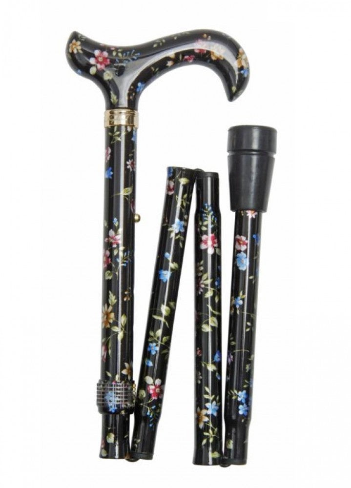 the image shows the dark floral folding elite adjustable height patterned walking stick