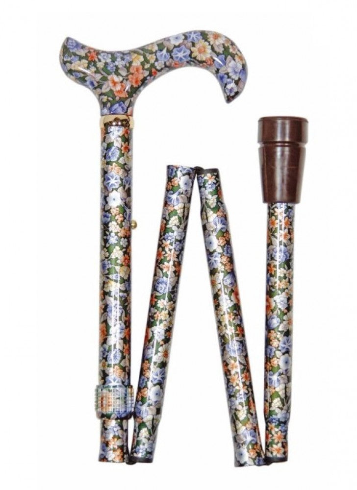 the image shows the multi coloured patterned folding elite adjustable height patterned walking stick
