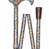 the image shows the multi coloured patterned folding elite adjustable height patterned walking stick