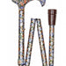 the image shows the multi coloured patterned folding elite adjustable height patterned walking stick