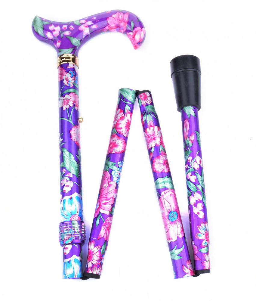 the image shows the bright floral designed folding elite adjustable height walking stick