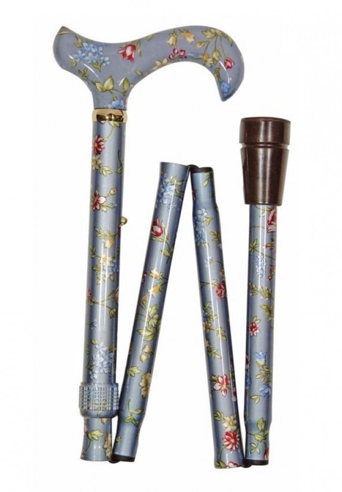 the image shows the silver floral folding elite adjustable height patterned walking stick