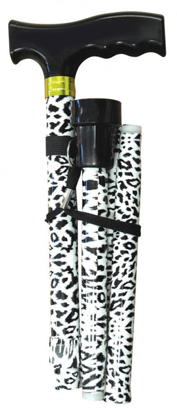 shows the black and white animal print design walking stick