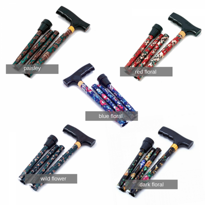 the image shows the five designs of the folding walking stick; paisley, red floral, blue floral, wild flower and dark floral
