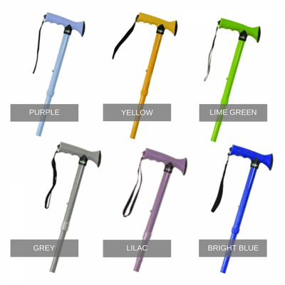 the image shows the range of rubber handled walking sticks; purple, yellow, lime green, grey, lilac, bright blue