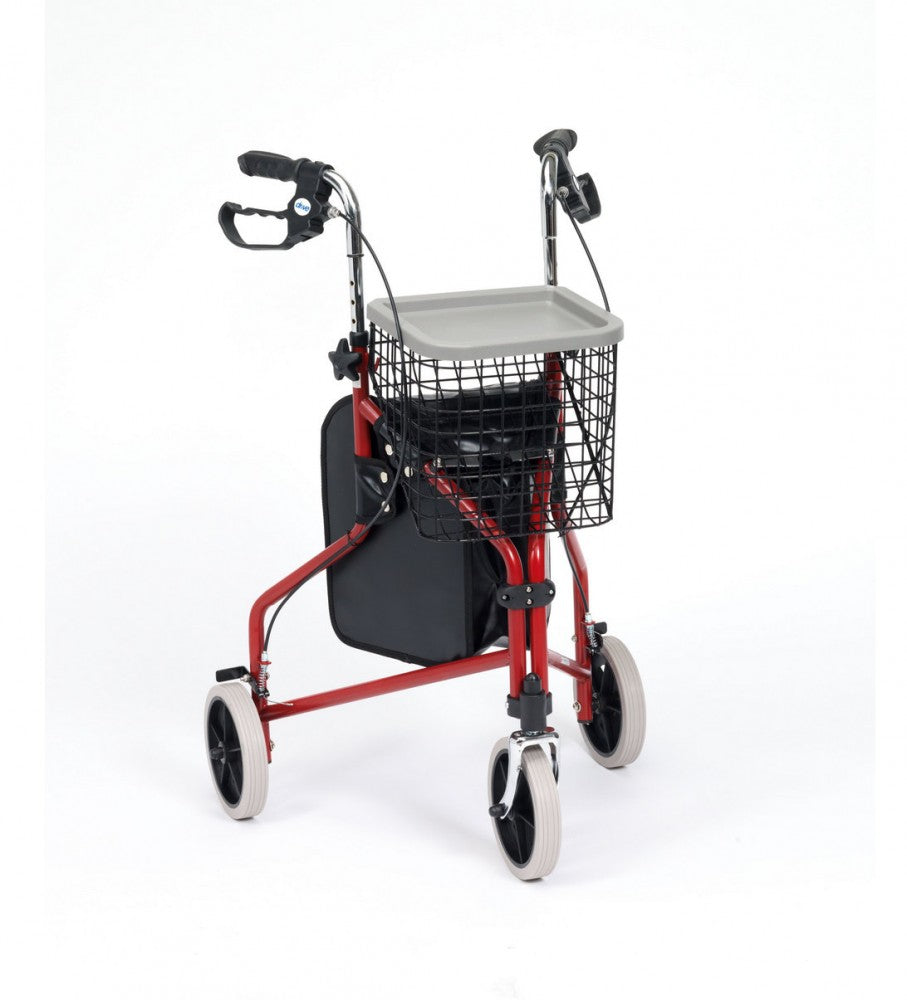 The image shows the Folding Steel Tri Walker with Handy Bag, Basket and Tray