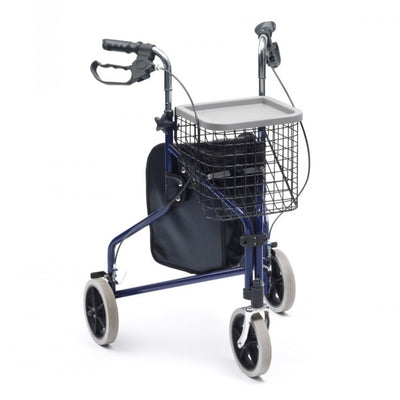 The image shows the Folding Steel Tri Walker with handy bag, basket and tray.