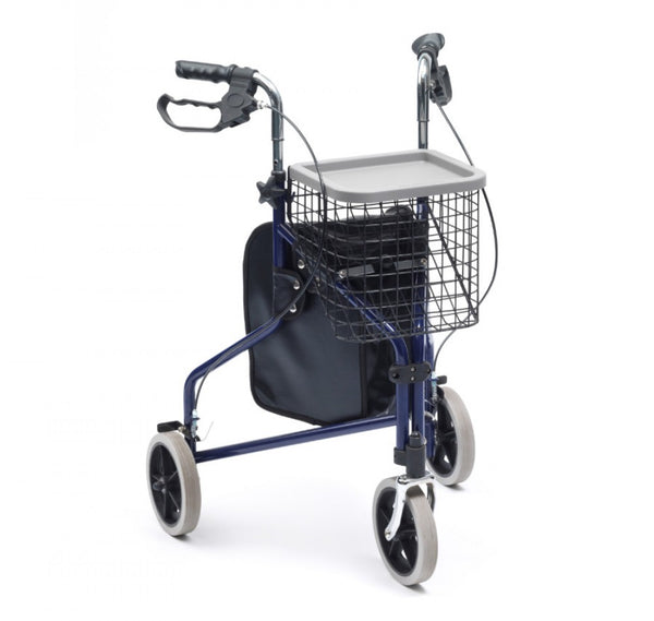 The image shows the Folding Steel Tri Walker with handy bag, basket and tray.