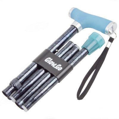 the image shows the blue dye version of the folding walking stick with glow grip handle