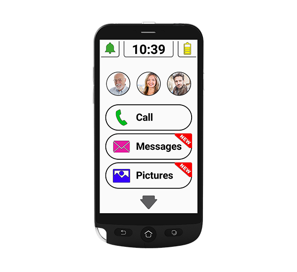 Swissvoice G50 interface, featuring buttons to Call, Message and view Pictures. Circular images of contacts appear above