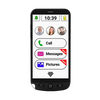 Swissvoice G50 interface, featuring buttons to Call, Message and view Pictures. Circular images of contacts appear above