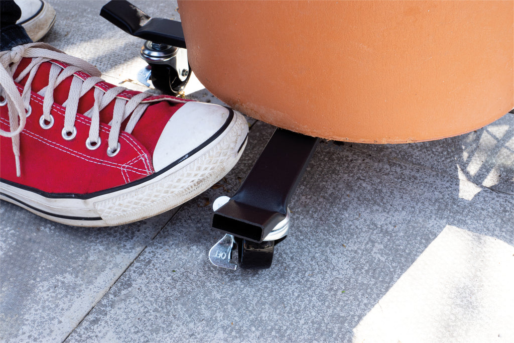 Flower Pot Mover, close up of wheels and brake mechanism