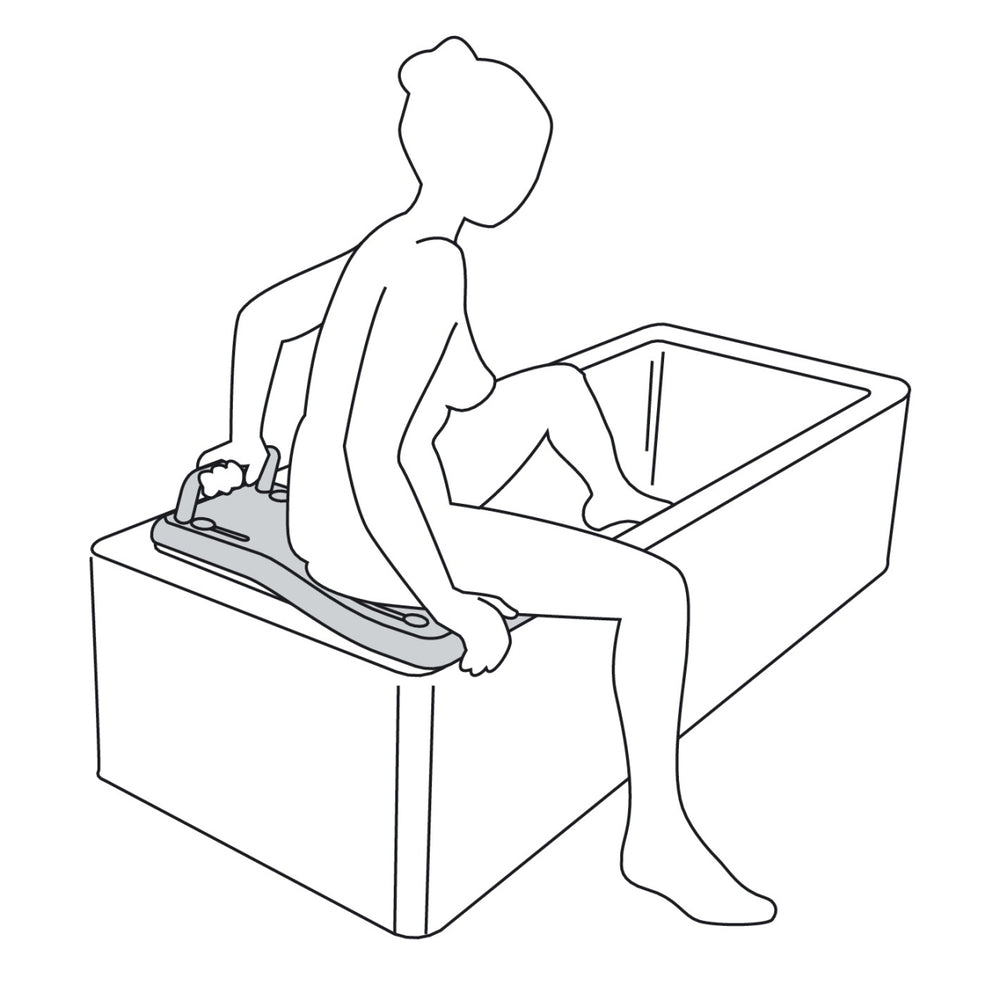 The image is the third of three images showing how to use the Etac Fresh Bath Board With Handle