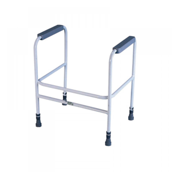 the image shows the white height adjustable toilet frame