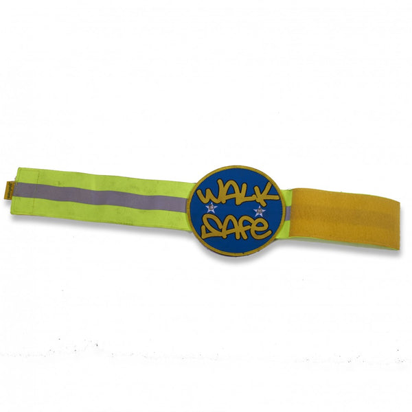 The image shows the Hi Vis Reflective Flashing Arm Band in yellow and blue