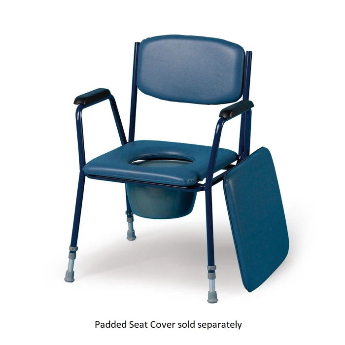 Picture of Homecraft Adjustable Height Comfort Commode highlighting the padded seat cover is sold seperately