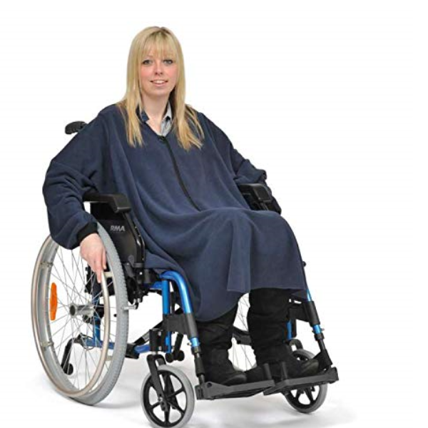 A woman in a wheelchair wearing a simplantex insulating fleece poncho