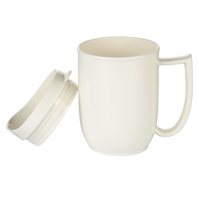 The white unbreakable mug with feeder lid