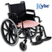 A mobility aid of  the pink Kylie Chair Pad on a wheelchair seat