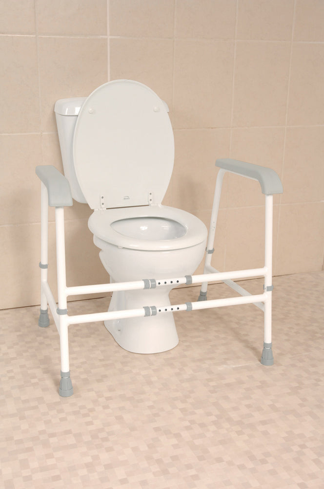 the image shows the nuvo width and height adjustable free standing toilet frame
